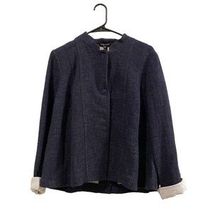 Eileen Fisher Dark Blue Mandarin Stitched Cotton Linen Tweed Collar Snap Button